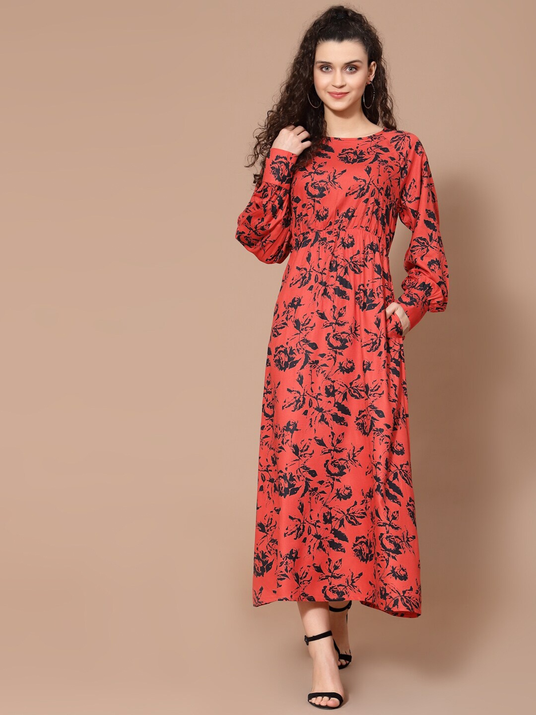 

HOUSE OF KKARMA Women Red & Black Floral Maxi Dress