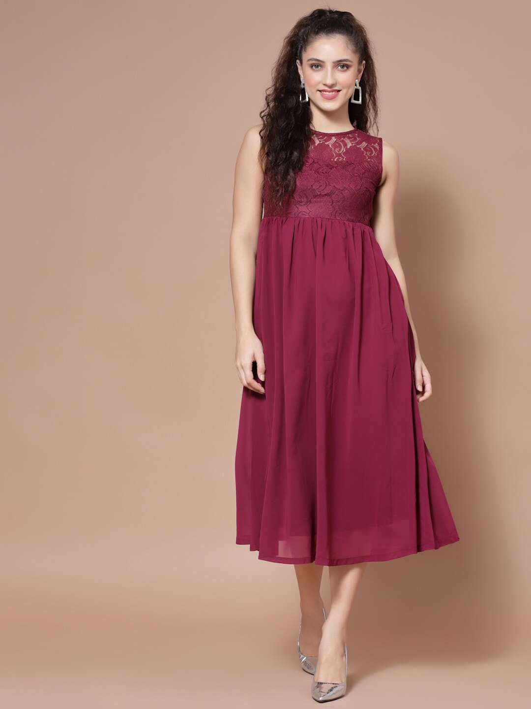 

HOUSE OF KKARMA Burgundy Floral Crepe A-Line Midi Dress