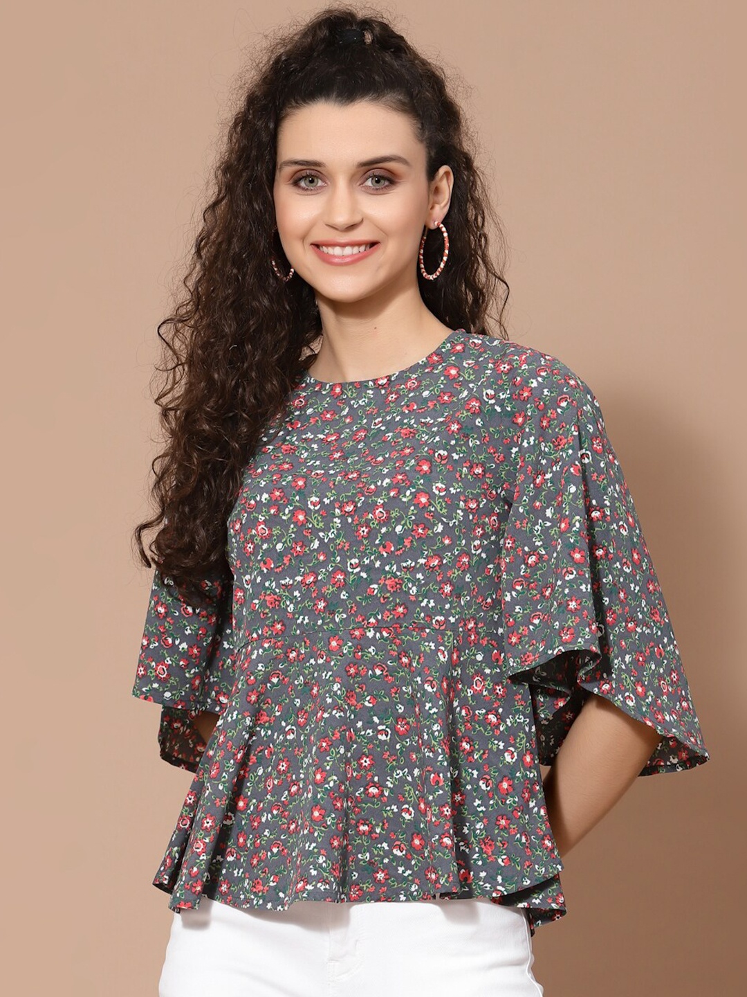 

HOUSE OF KKARMA Women Grey & Red Floral Print Crepe Peplum Top