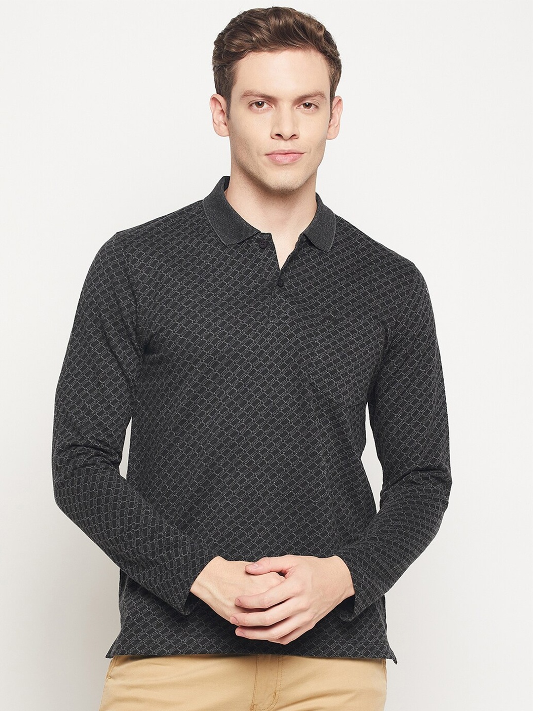 

Adobe Men Black Printed Polo Collar Cotton T-shirt