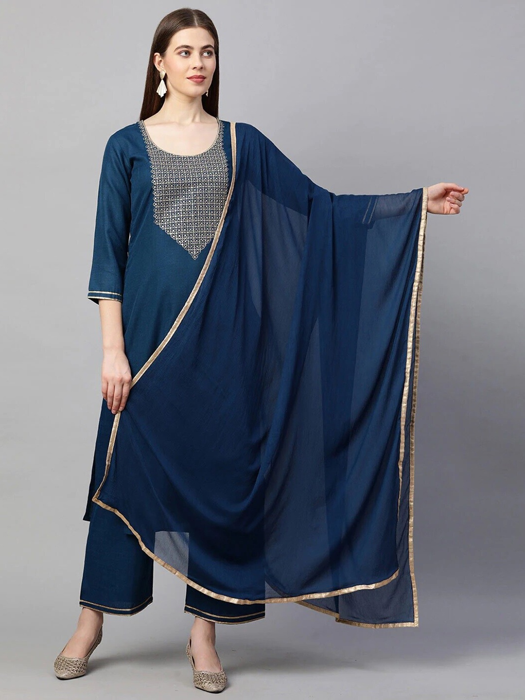 

MORLY Women Blue Embroidered Kurta with Trousers & With Dupatta