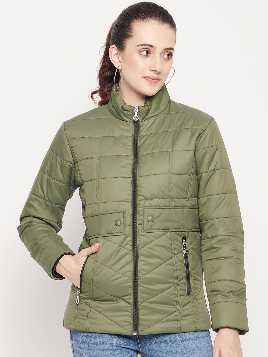 

Adobe Women Olive Green Solid Full Sleeve Lightweight Padded Jacket