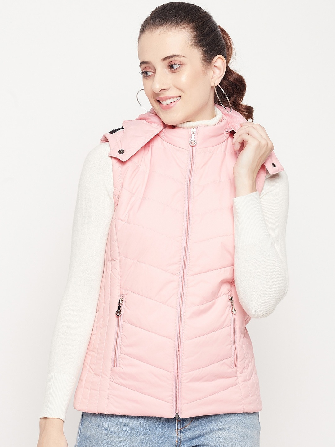 

Adobe Women Pink Solid Sleeveless Hooded Padded Jacket