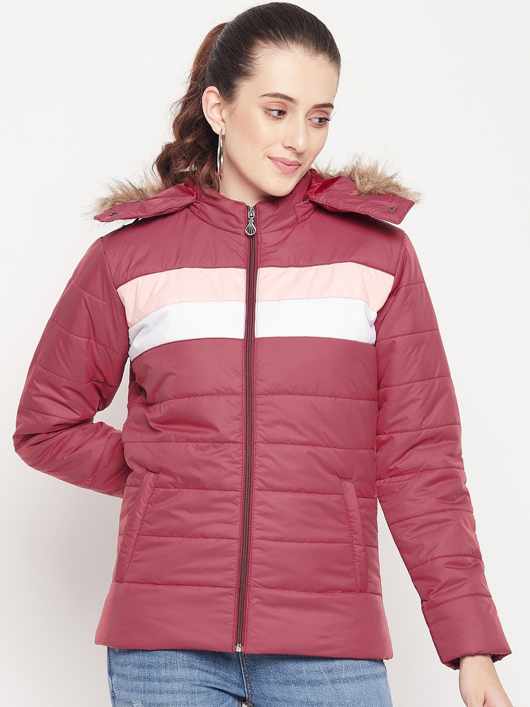 

Adobe Women Burgundy Colourblocked Full Sleeve Lightweight Hooded Parka Jacket