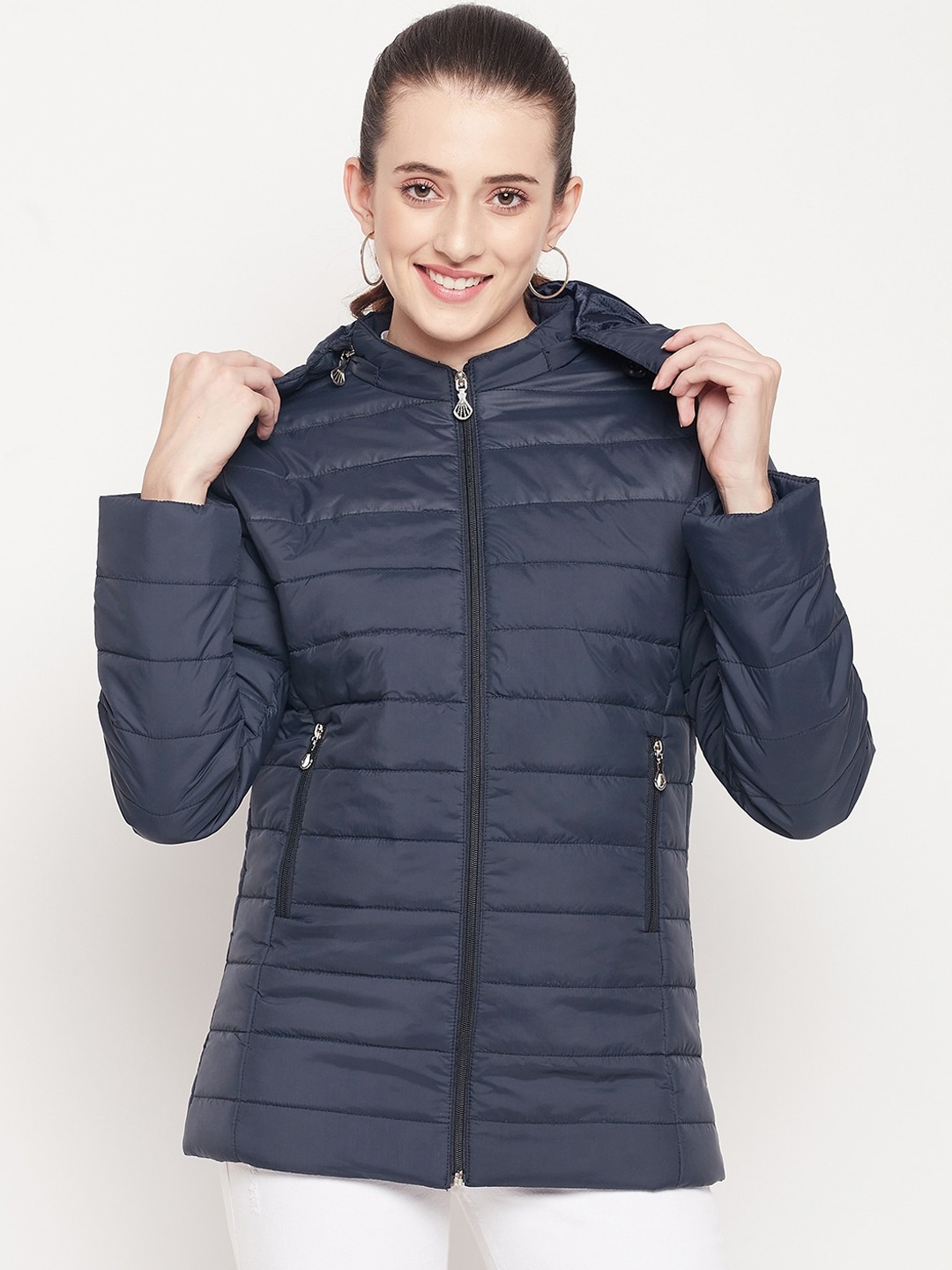 

Adobe Women Navy Blue Lightweight Longline Hooded Puffer Jacket
