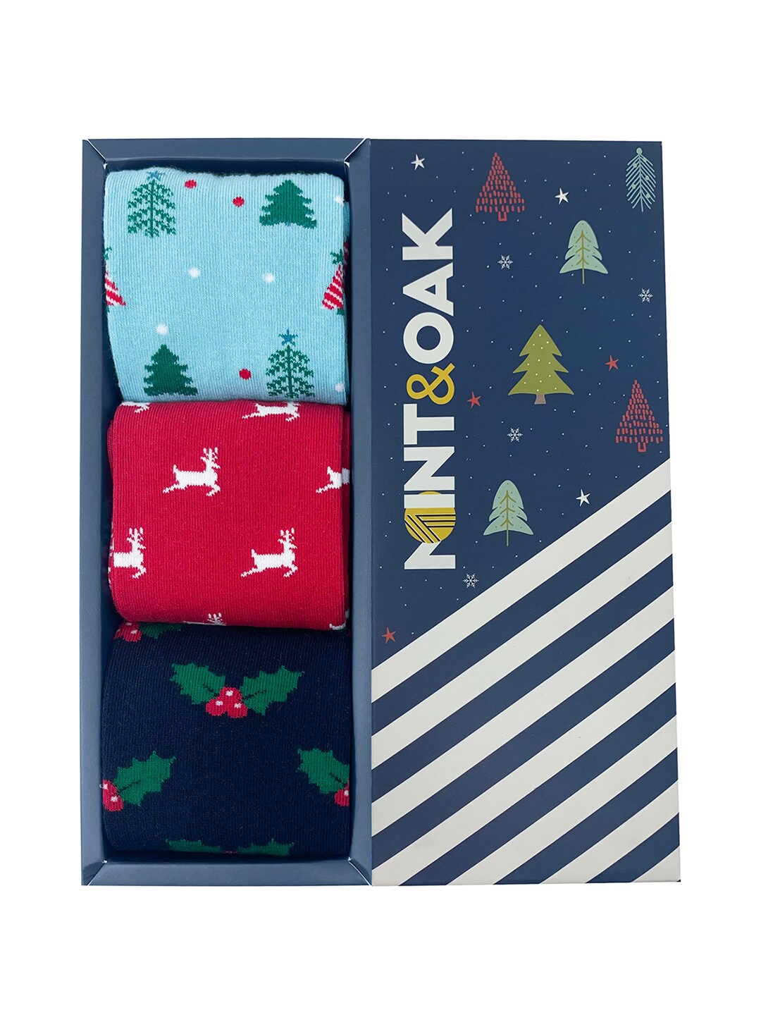 

Mint & Oak Men Pack of 3 Blue, Red & Navy Blue Printed Cotton Socks