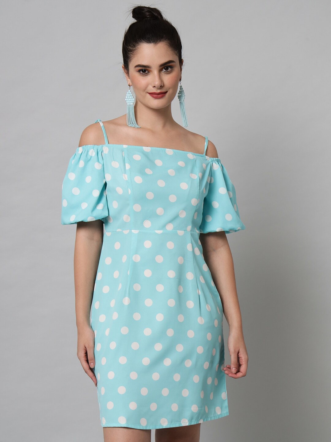 

emeros Turquoise Blue Polka Dot Printed Crepe A-Line Dress