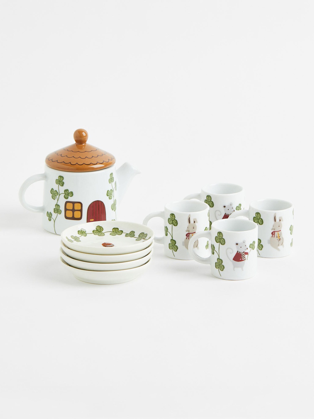 

H&M White Floral Printed Porcelain Glossy Kettle Set of Cups and Saucers