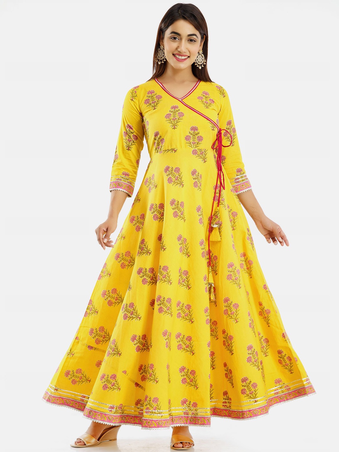 PARCHHAI Women Yellow Floral Printed Floral Anarkali Kurta