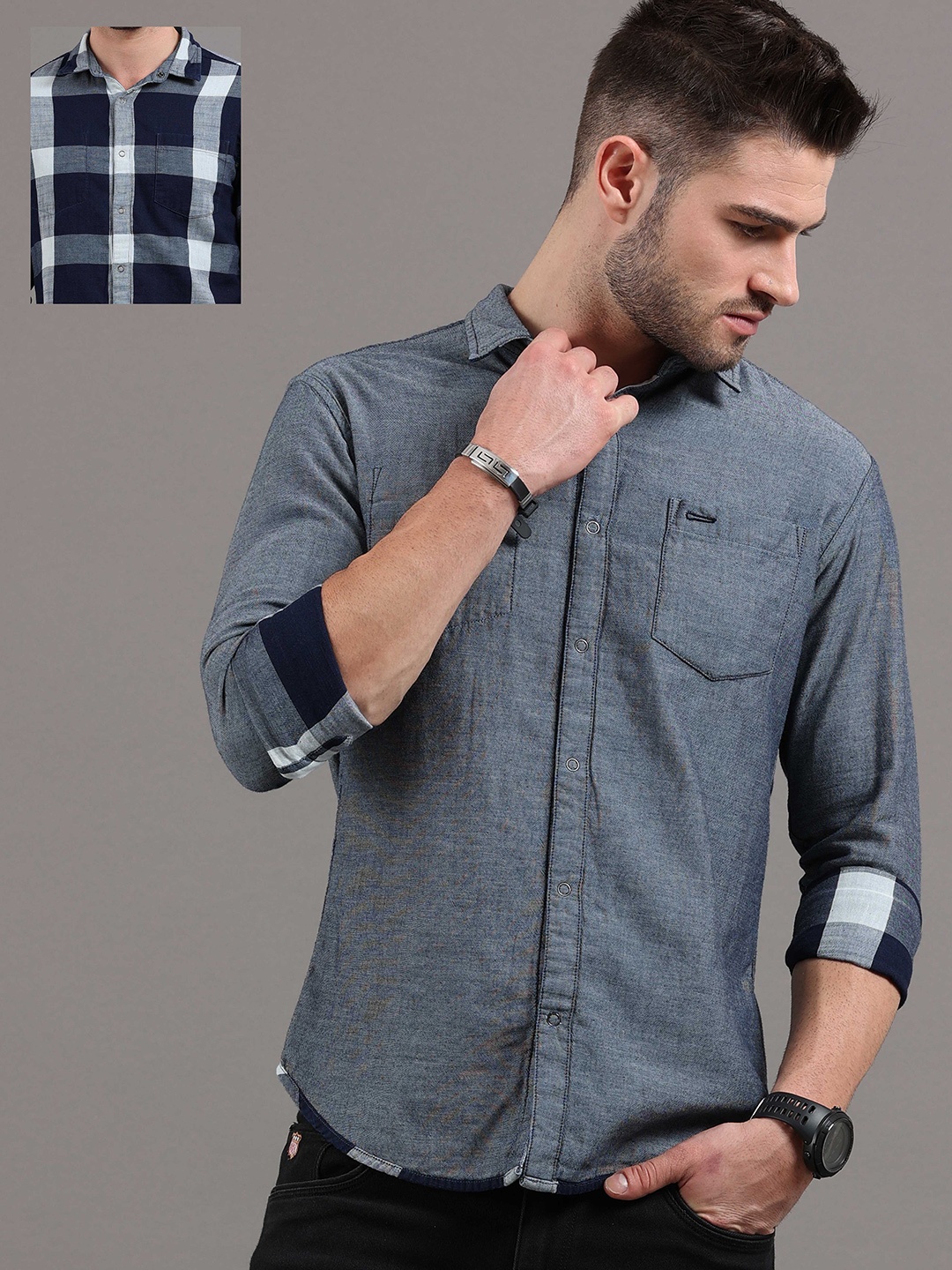 

HERE&NOW Men Navy Blue Slim Fit Windowpane Checks Reversible Casual Shirt