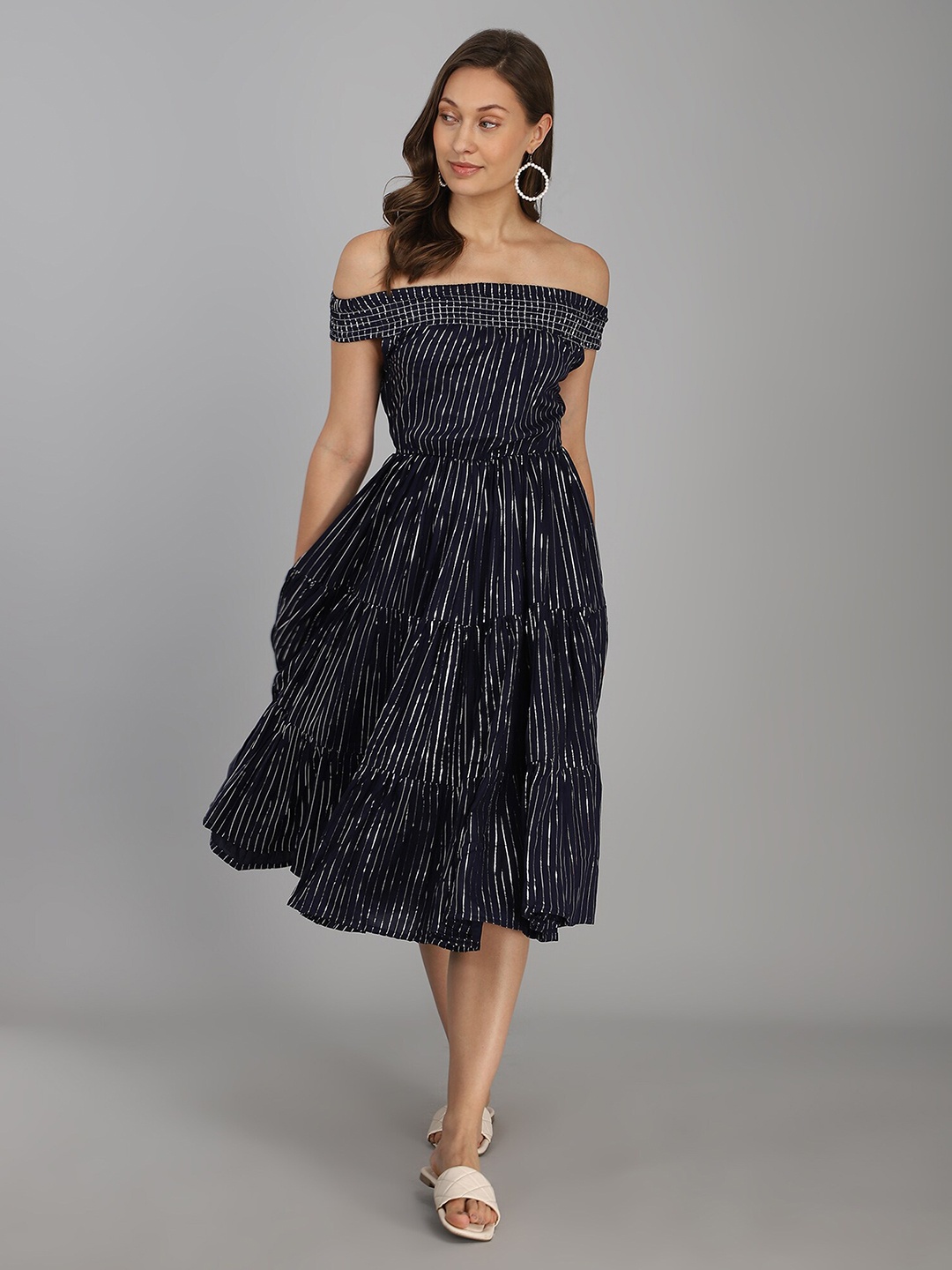 

B4ME COM Navy Blue Off-Shoulder Midi Dress