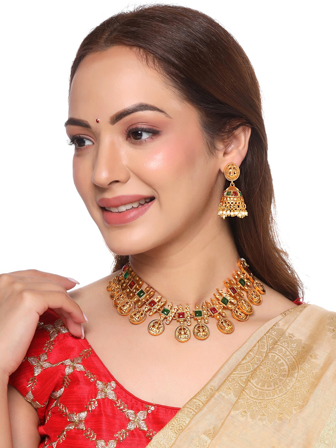 

Yellow Chimes Gold-Plated & Pink & Green Artificial Stones Studded Jewellery Set