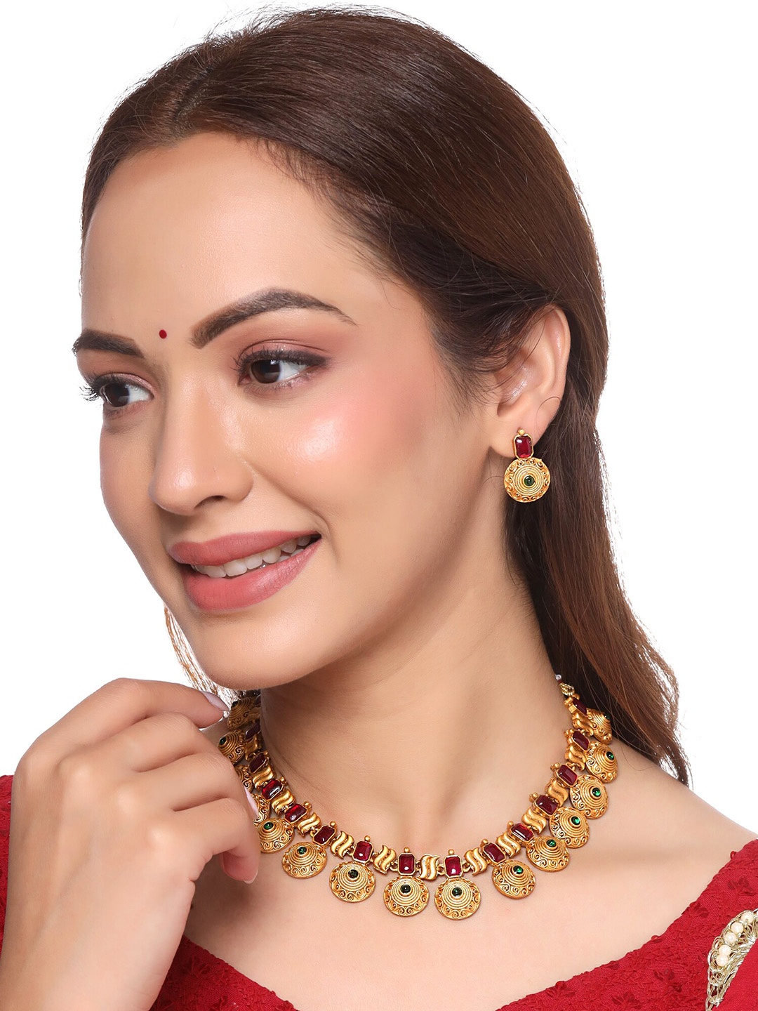 

Yellow Chimes Gold-Plated Maroon & Green Stone-Studded Jewellery Set