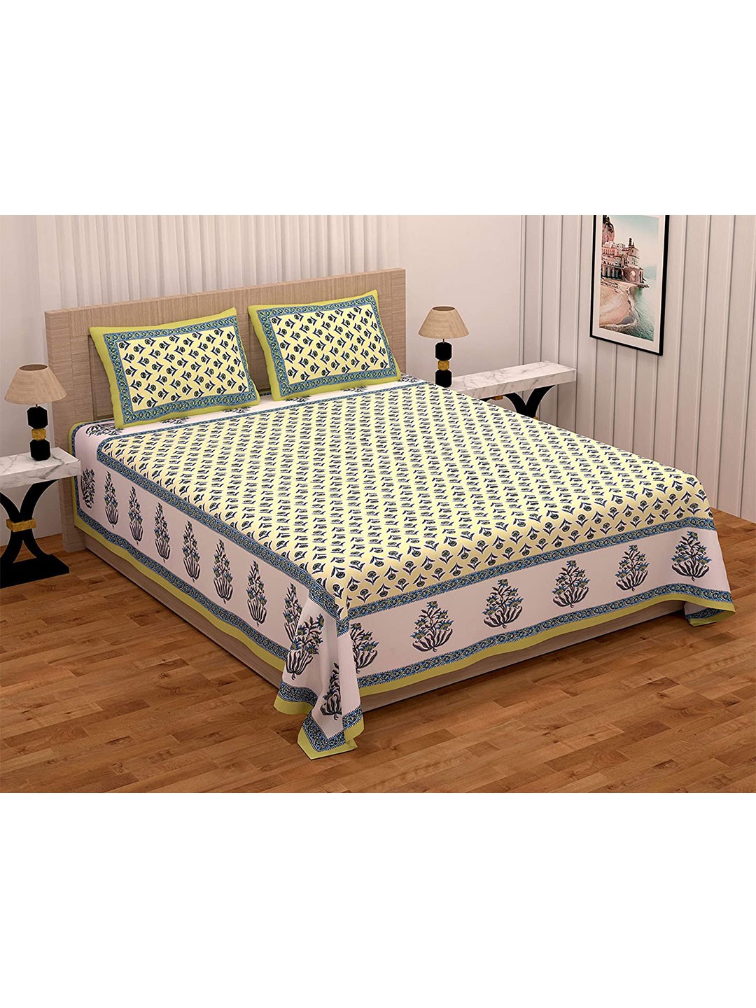

EasyGoods Green & Blue Floral 300 TC King Bedsheet with 2 Pillow Covers