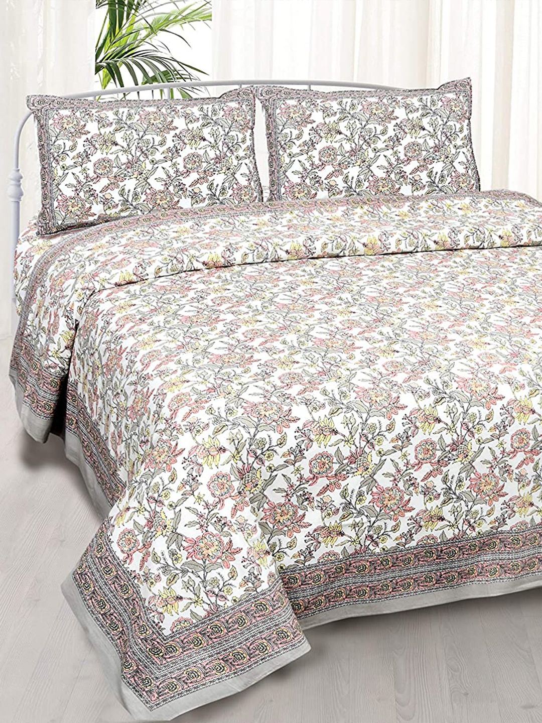 

EasyGoods Grey & Green Floral 300 TC King Bedsheet with 2 Pillow Covers