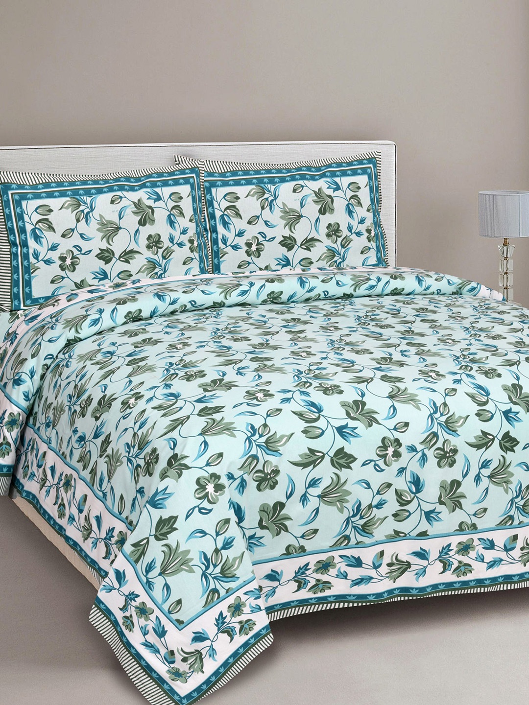 

EasyGoods Green & Blue Cotton Floral 300 TC King Bedsheet with 2 Pillow Covers