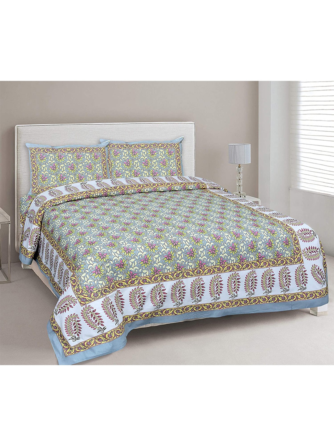 

EasyGoods Grey & Green Floral 300 TC King Bedsheet with 2 Pillow Covers