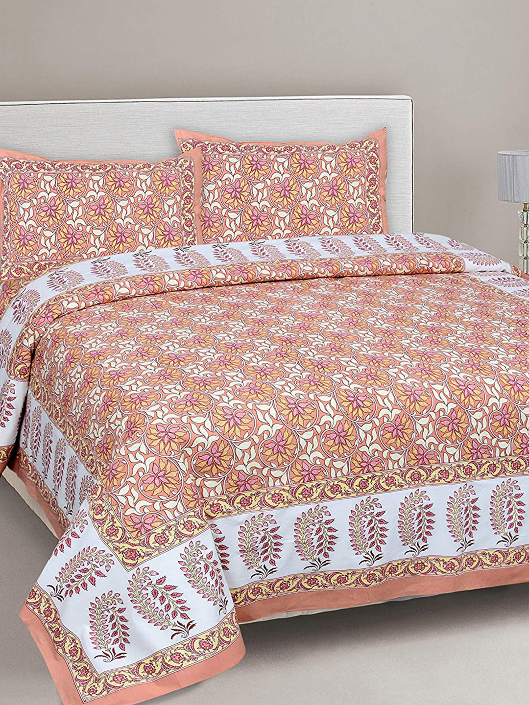 

EasyGoods Orange & White Floral 300 TC King Bedsheet with 2 Pillow Covers