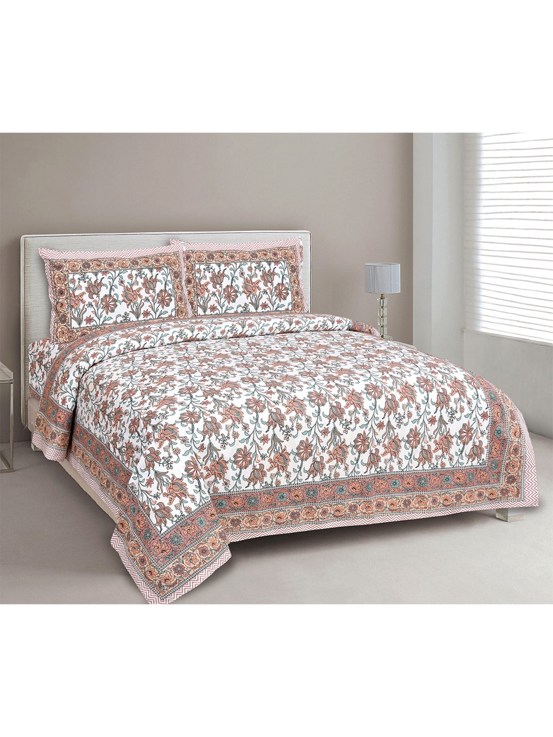 

EasyGoods White & Orange Floral 300 TC King Cotton Bedsheet with 2 Pillow Covers