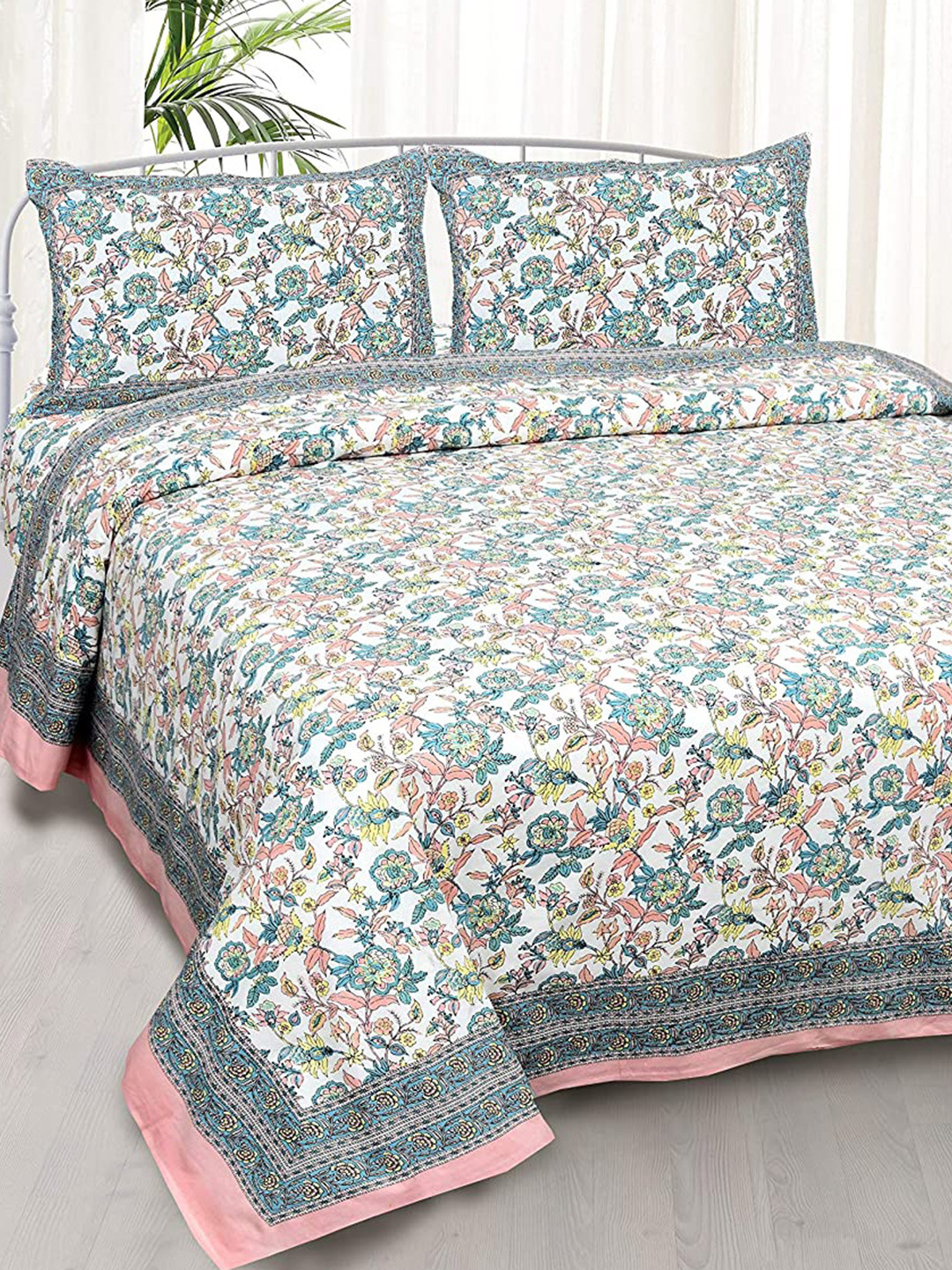 

EasyGoods Pink & Blue Floral 240 TC Pure Cotton King Bedsheet with 2 Pillow Covers