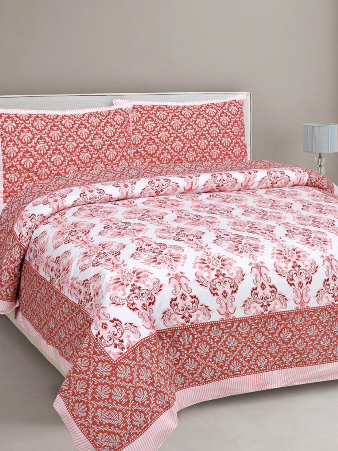 

EasyGoods White & Red Ethnic Motifs Printed 300 TC King Bedsheet with 2 Pillow Covers