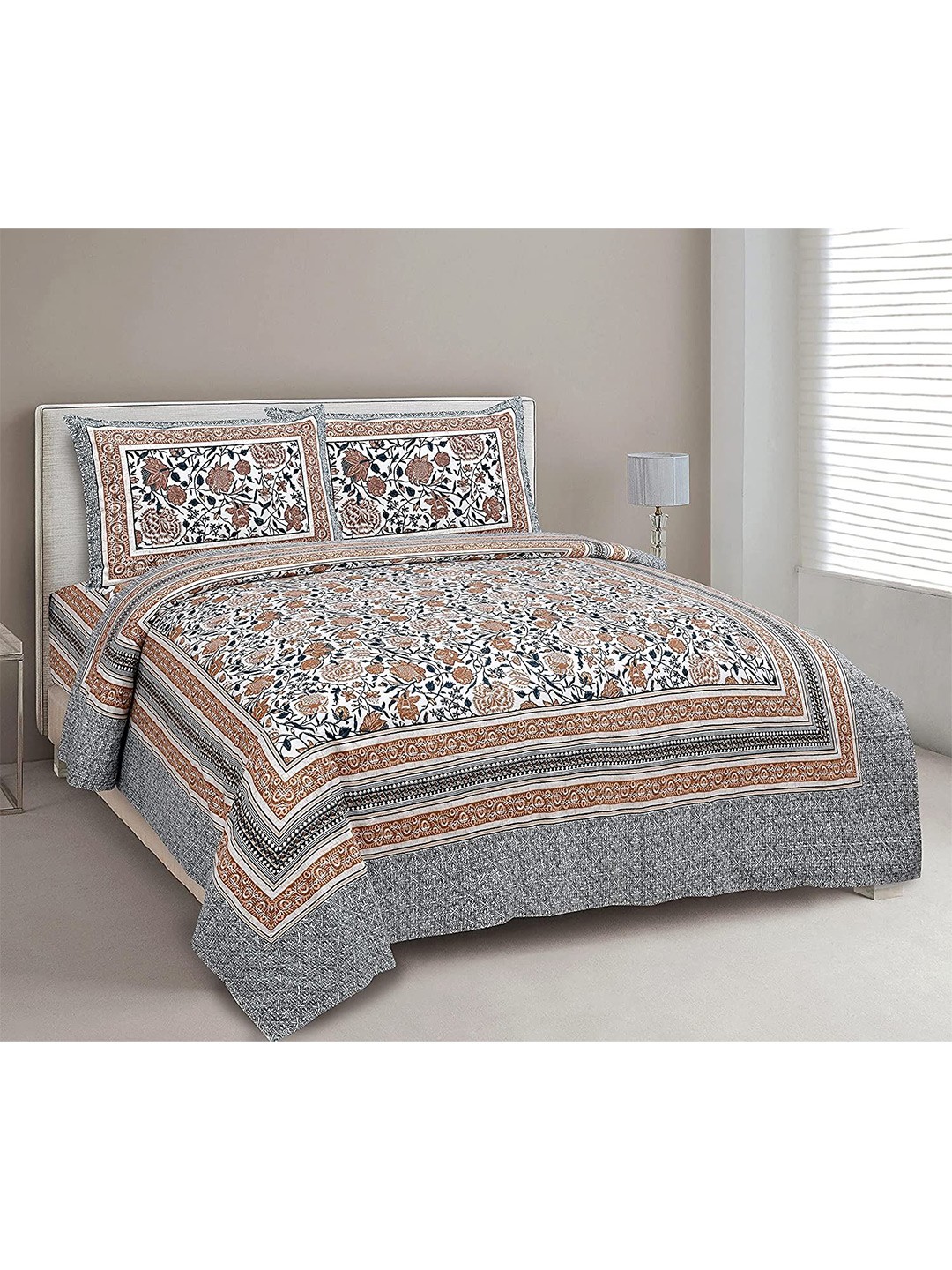 

EasyGoods Grey & Brown Floral 240 TC Pure Cotton King Bedsheet with 2 Pillow Covers