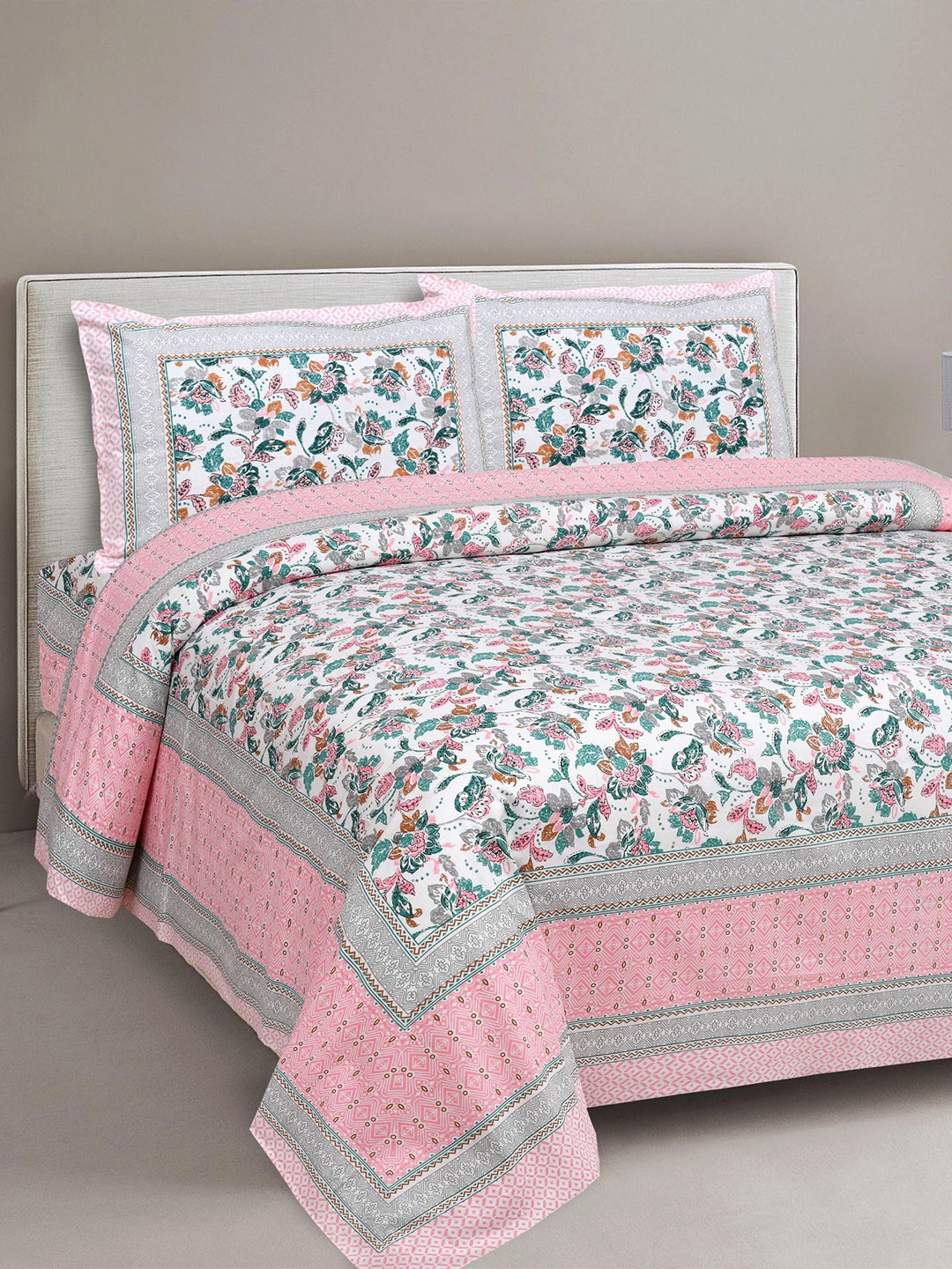 

EasyGoods White & Pink Cotton Floral 300 TC King Bedsheet with 2 Pillow Covers