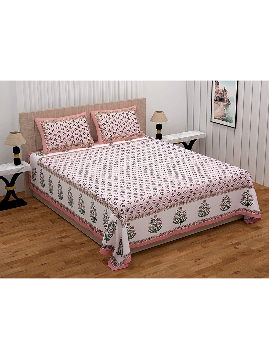 

EasyGoods Pink & Green Floral 300 TC Cotton King Bedsheet with 2 Pillow Covers