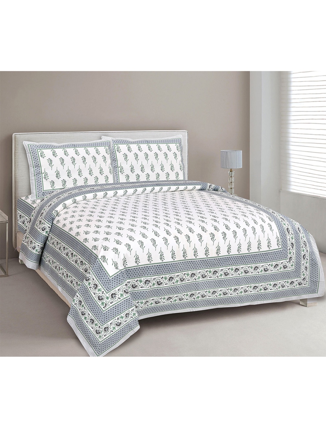 

EasyGoods Grey And White 300 TC Floral Pure Cotton King Bedsheet With 2 Pillow Covers