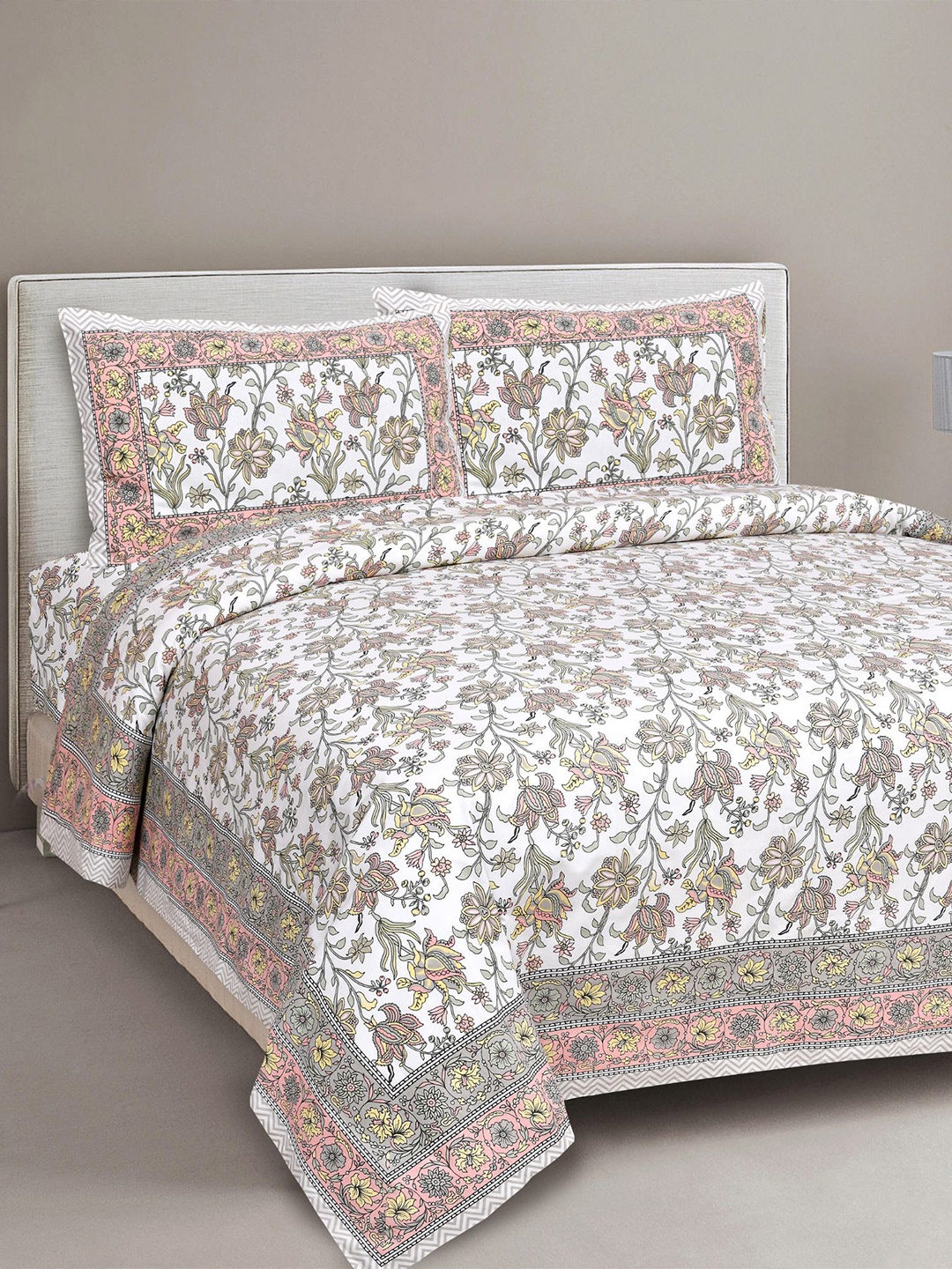 

EasyGoods Grey & White Floral 300 TC King Bedsheet with 2 Pillow Covers