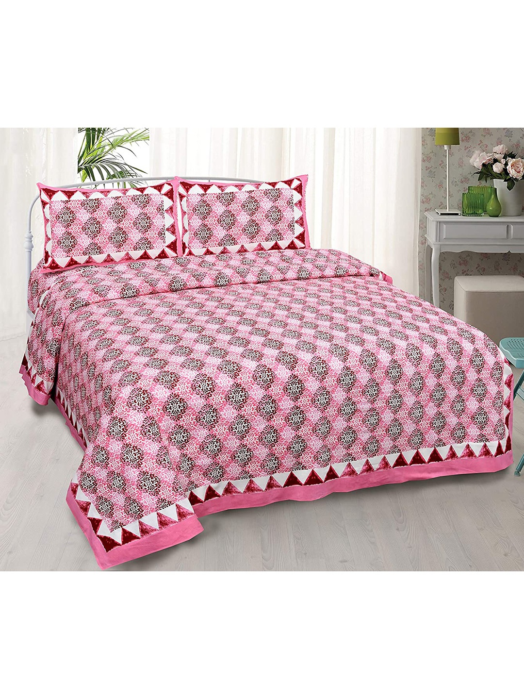 

EasyGoods Pink & Maroon Floral 300 TC King Bedsheet with 2 Pillow Covers