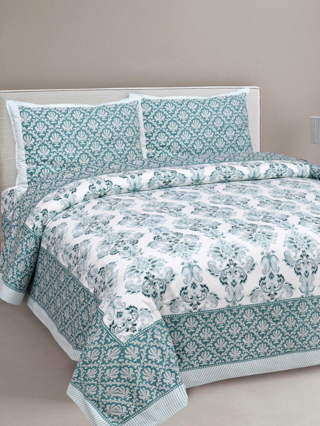 

EasyGoods Green & White Floral 300 TC Cotton King Bedsheet with 2 Pillow Covers