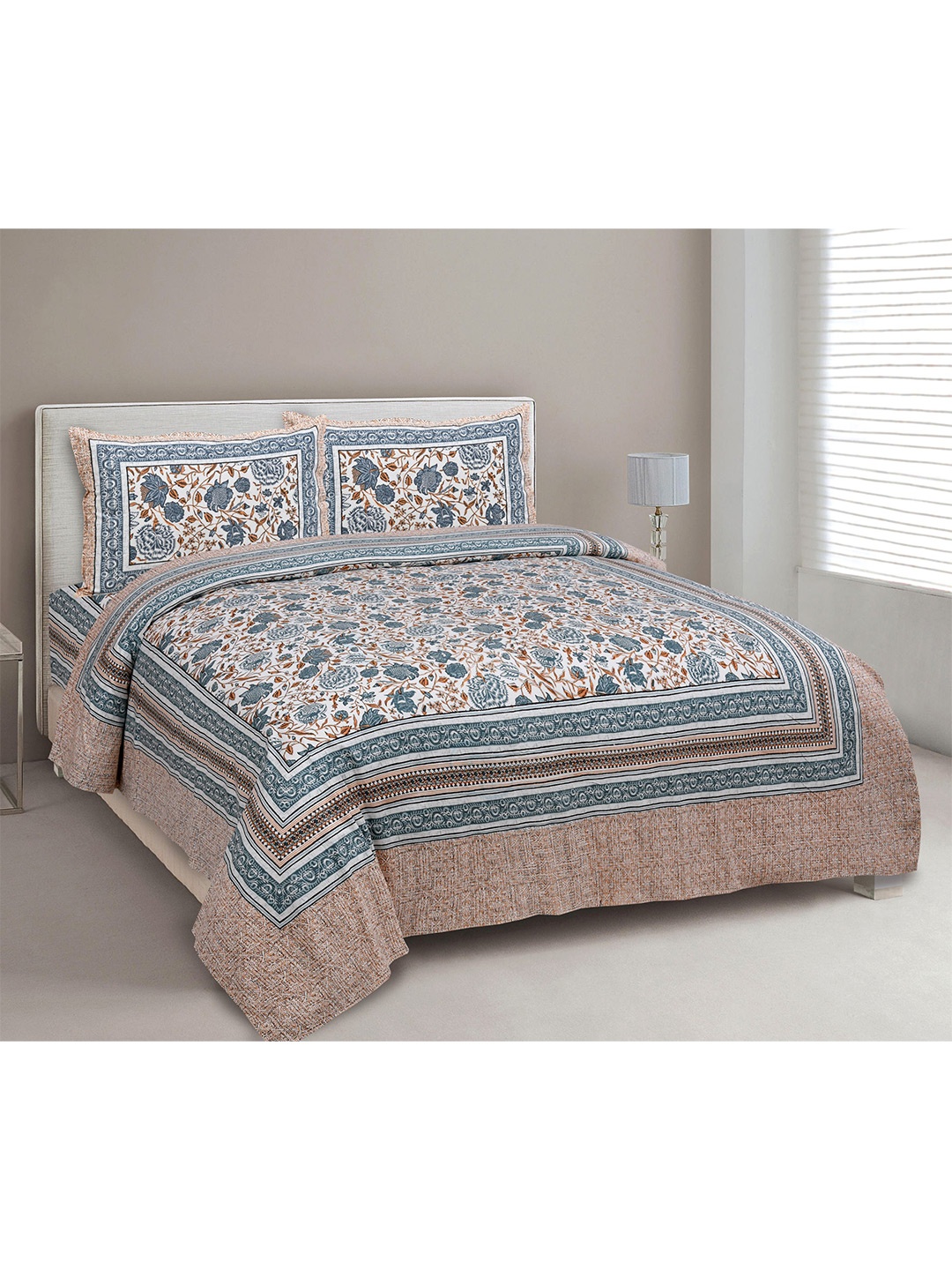 

EasyGoods EthnicJaipuri Brown & Grey Floral 300 TC King Bedsheet with 2 Pillow Covers
