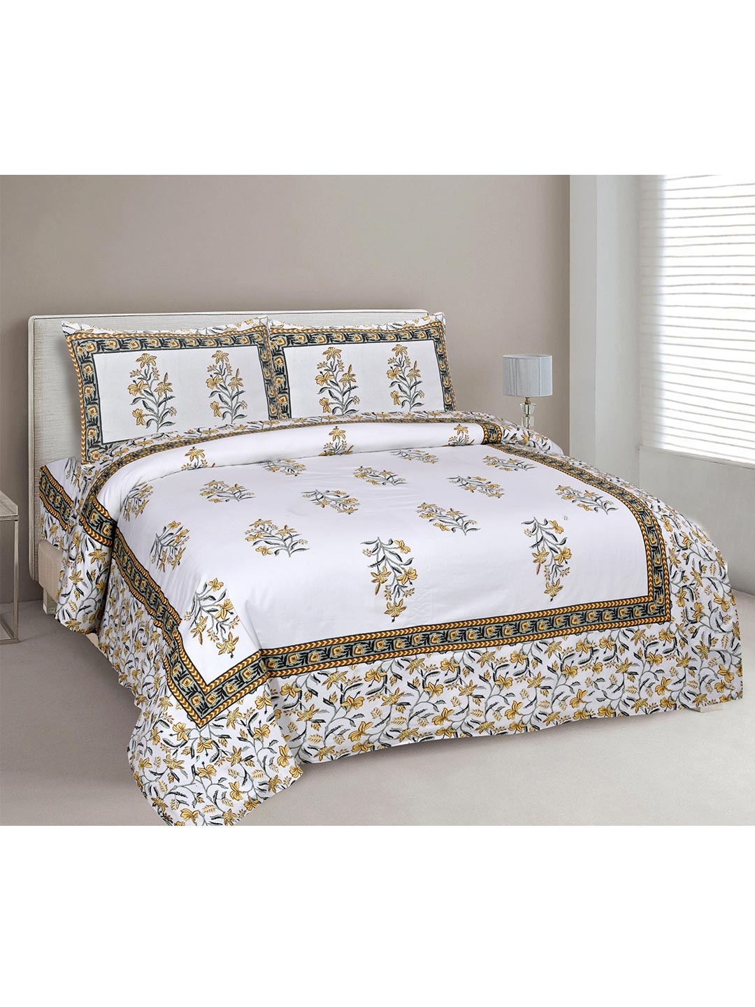 

EasyGoods White & Green Floral 240 TC Pure Cotton King Bedsheet with 2 Pillow Covers