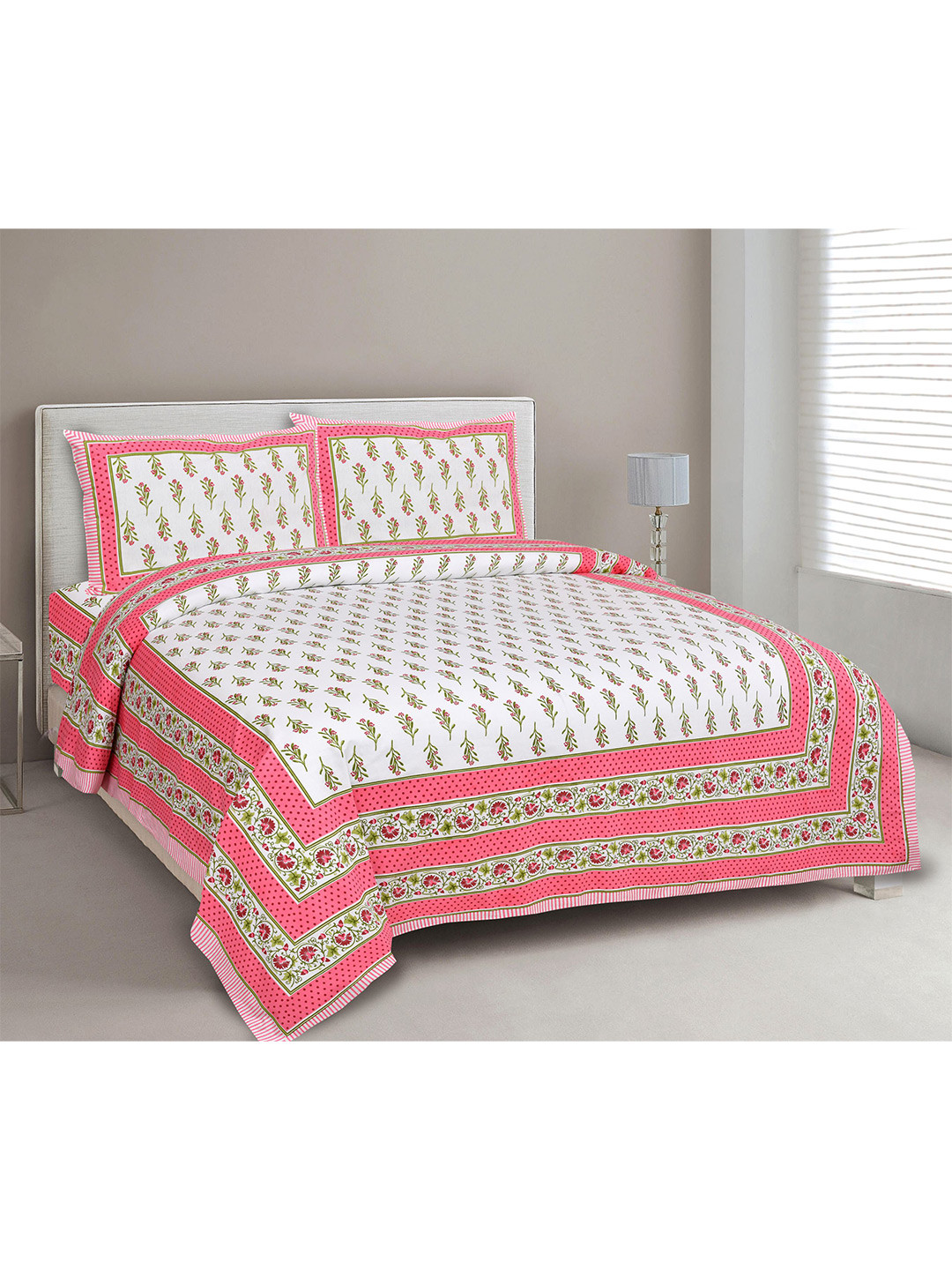 

EasyGoods Pink & White Floral 240 TC Pure Cotton King Bedsheet with 2 Pillow Covers