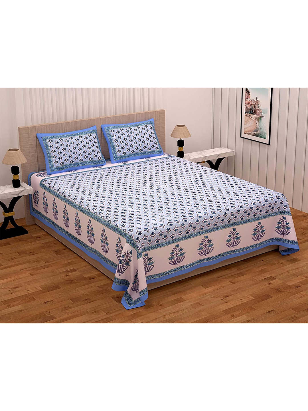 

EasyGoods Blue & White Floral 240 TC Pure Cotton King Bedsheet with 2 Pillow Covers