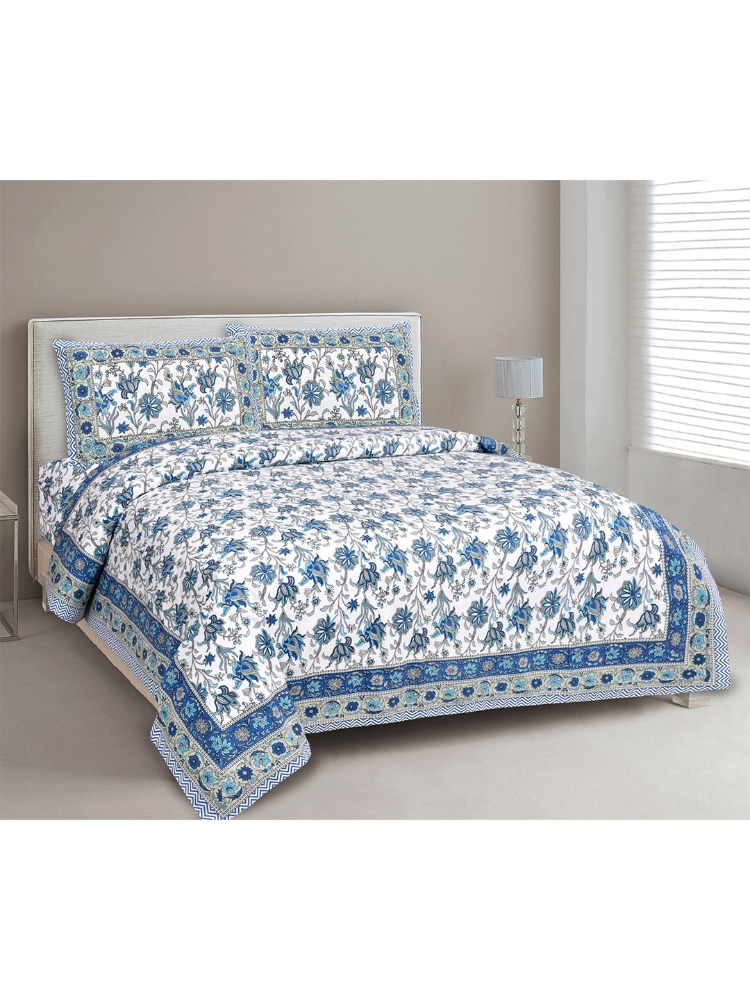 

EasyGoods White & Blue Ethnic Motifs 300 TC King Bedsheet with 2 Pillow Covers