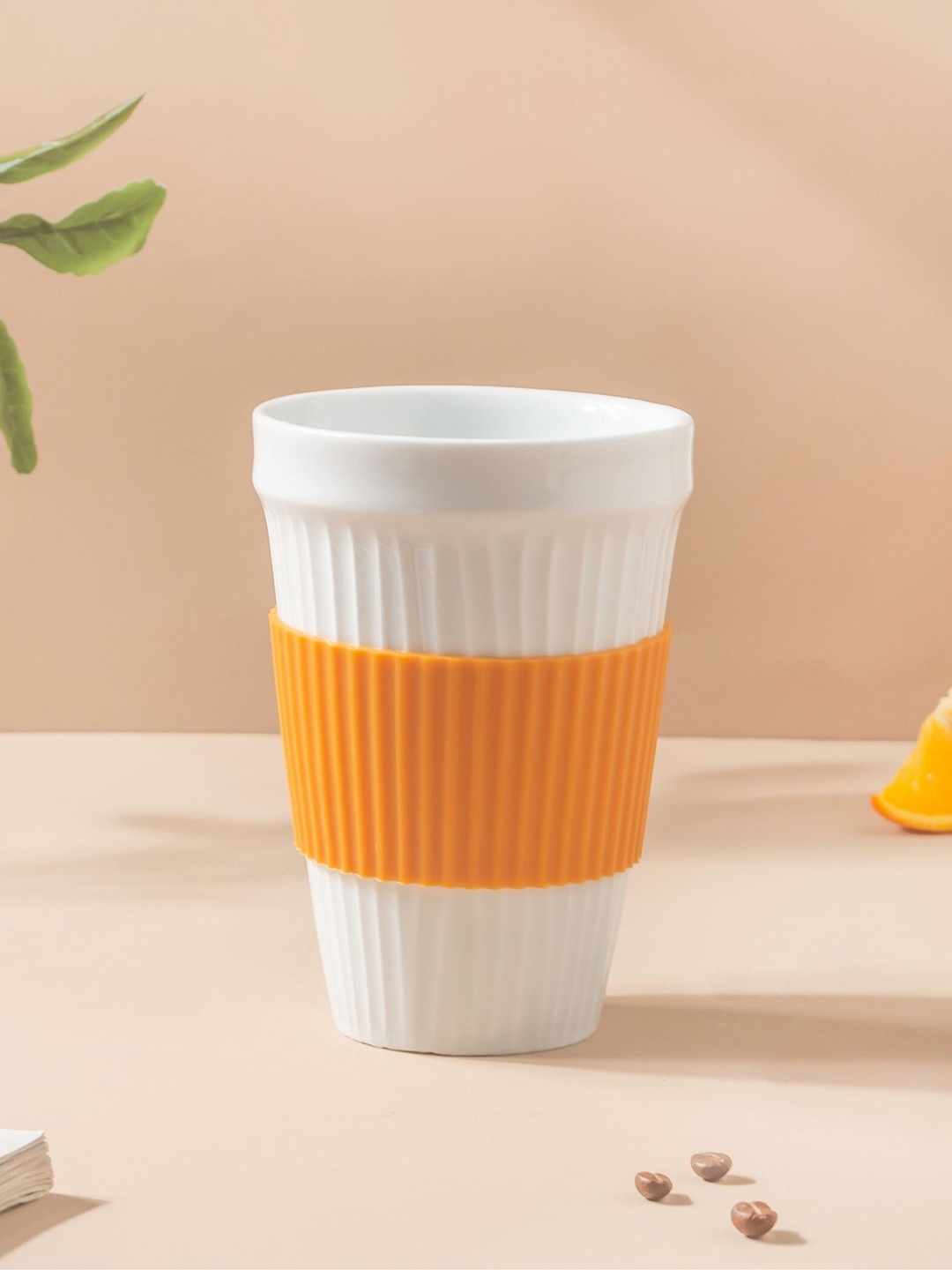 

Nestasia White & Orange-Colored Ribbed Color-Blocked Tumbler With Silicone Band