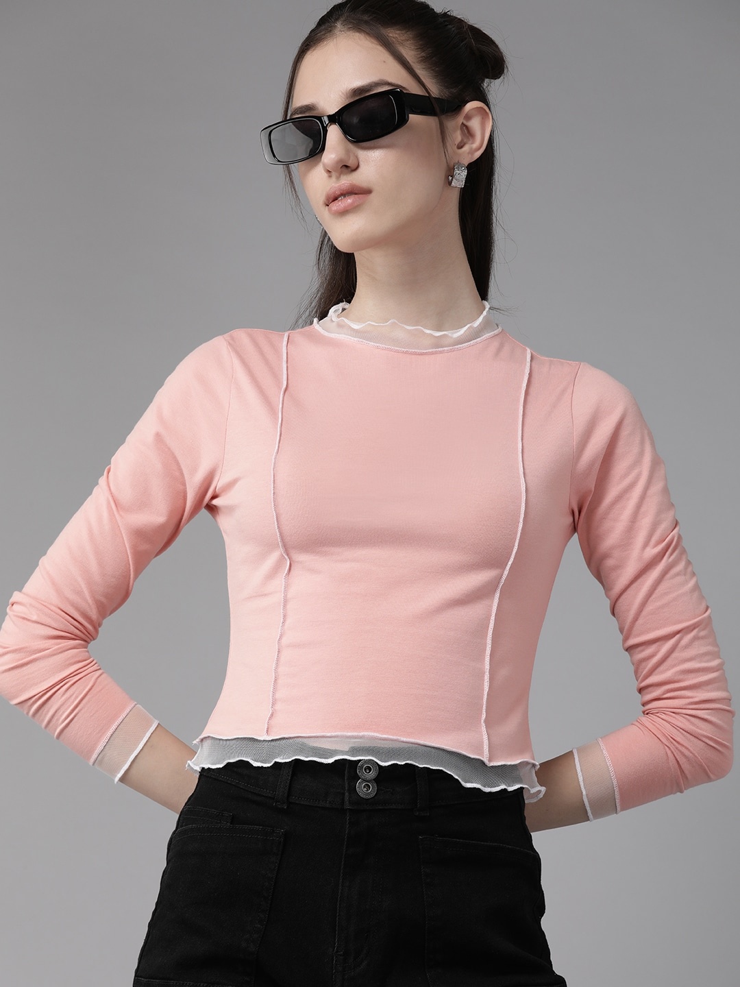 

The Roadster Lifestyle Co. Ruffles Mesh Detail Fitted Crop Top, Peach