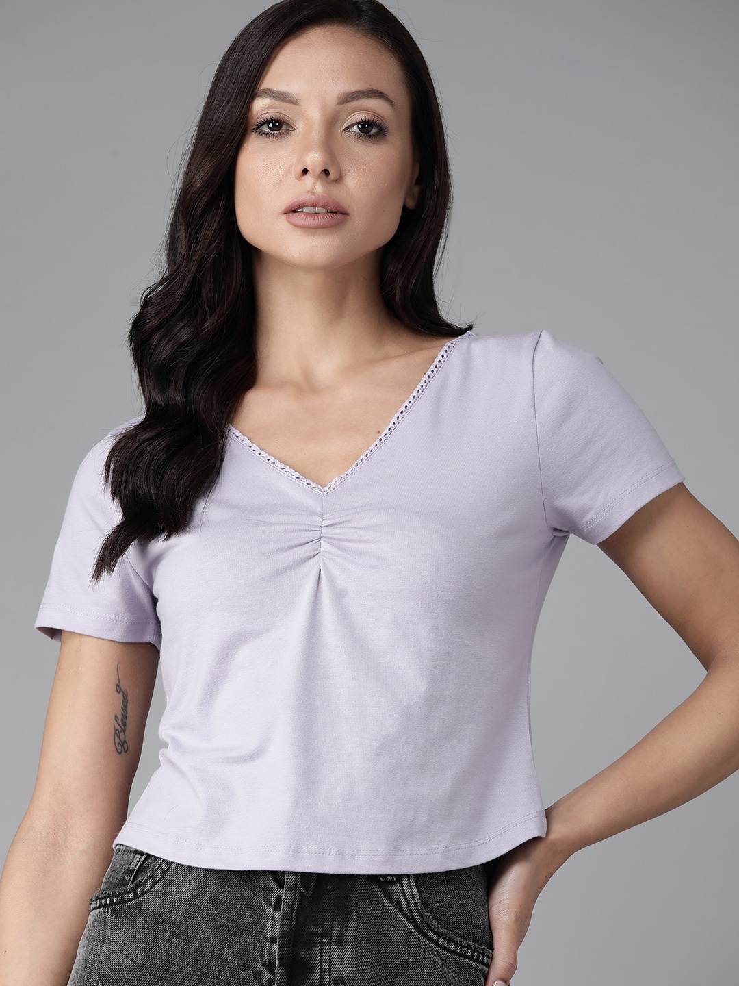 

The Roadster Lifestyle Co. Lace Detail V-Neck Crop Top, Lavender