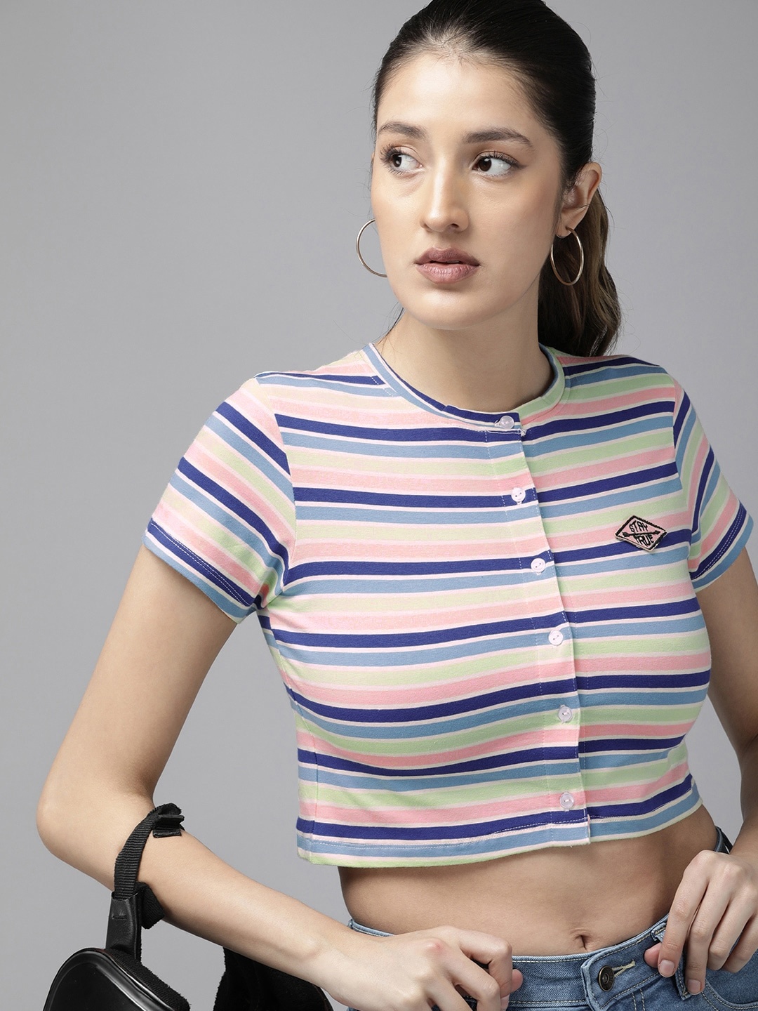 

The Roadster Life Co. Striped Full Button Placket Crop T-shirt, Multi