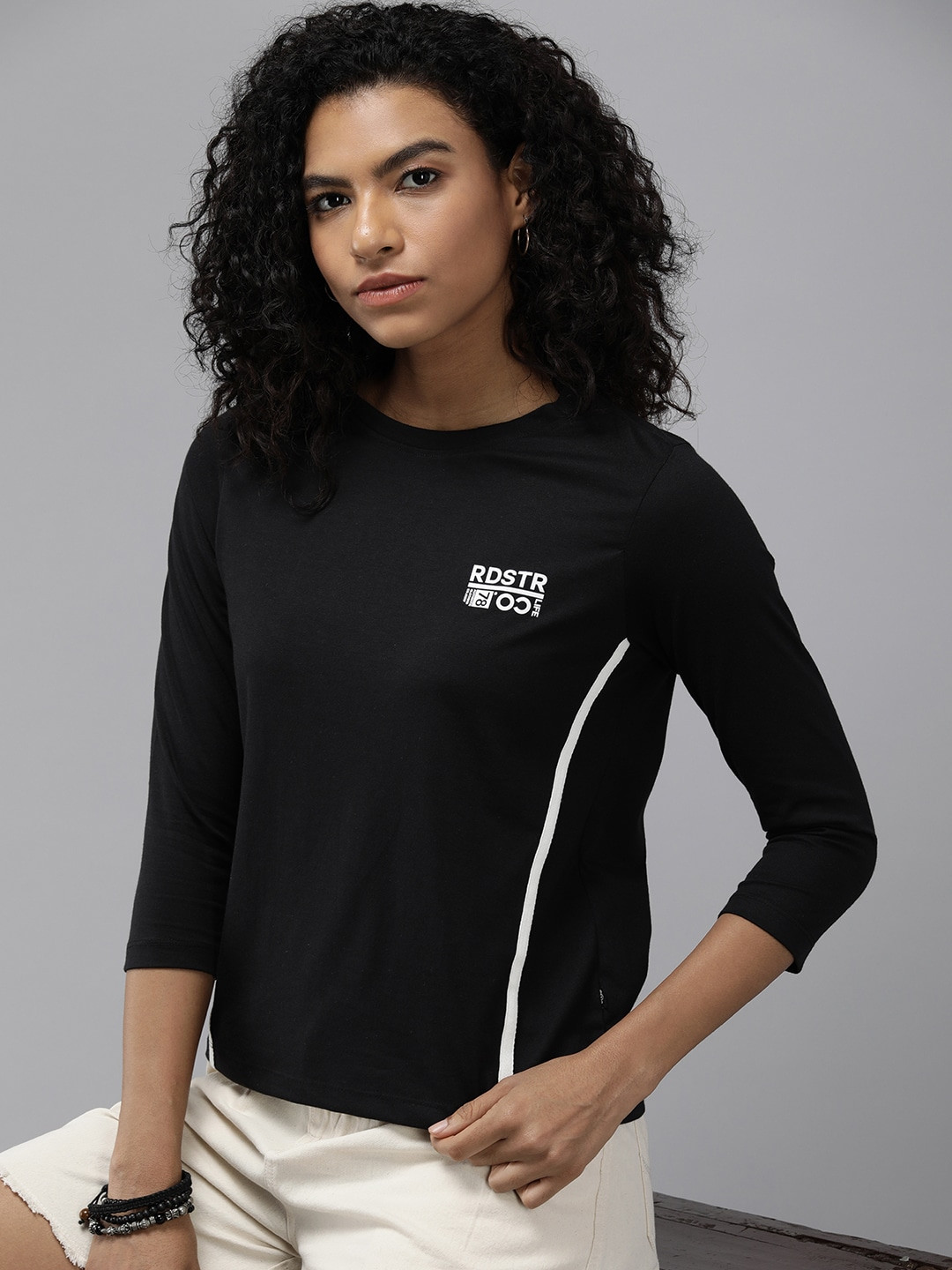 

The Roadster Lifestyle co. Women Solid Round Neck T-shirt With Striped Detail, Black
