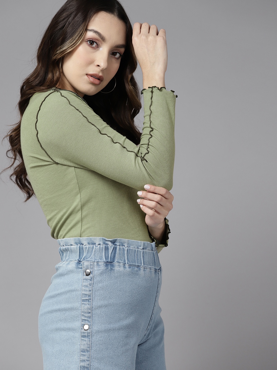 

The Roadster Lifestyle Co. High Neck Top with Lettuce Edge, Olive