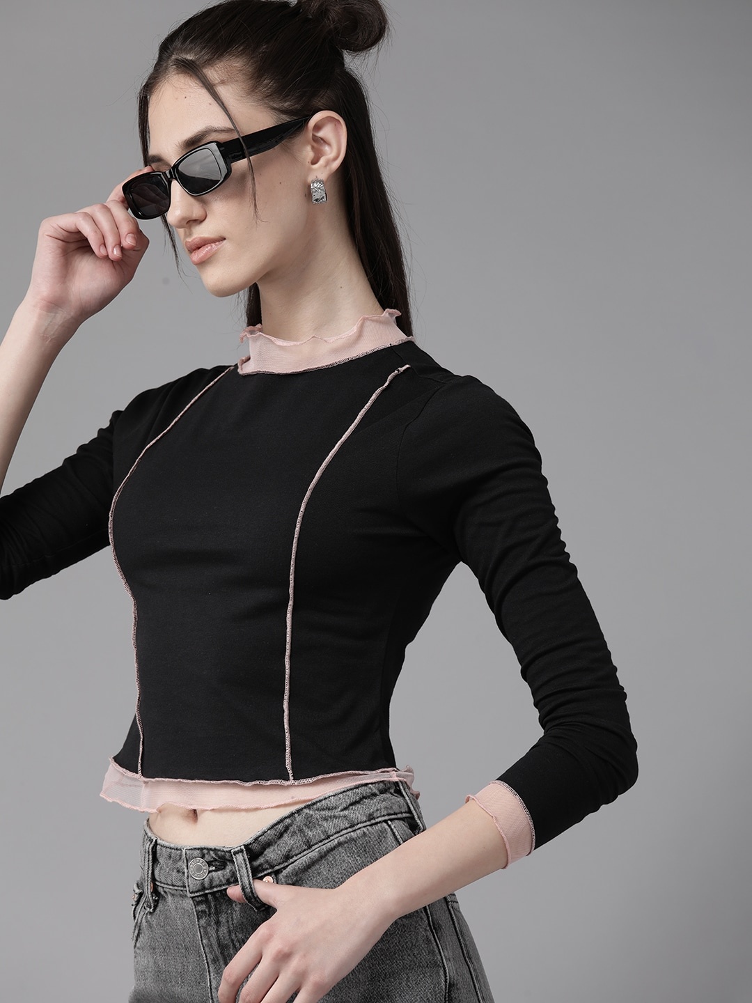

The Roadster Lifestyle Co. Ruffles Mesh Detail Fitted Crop Top, Black