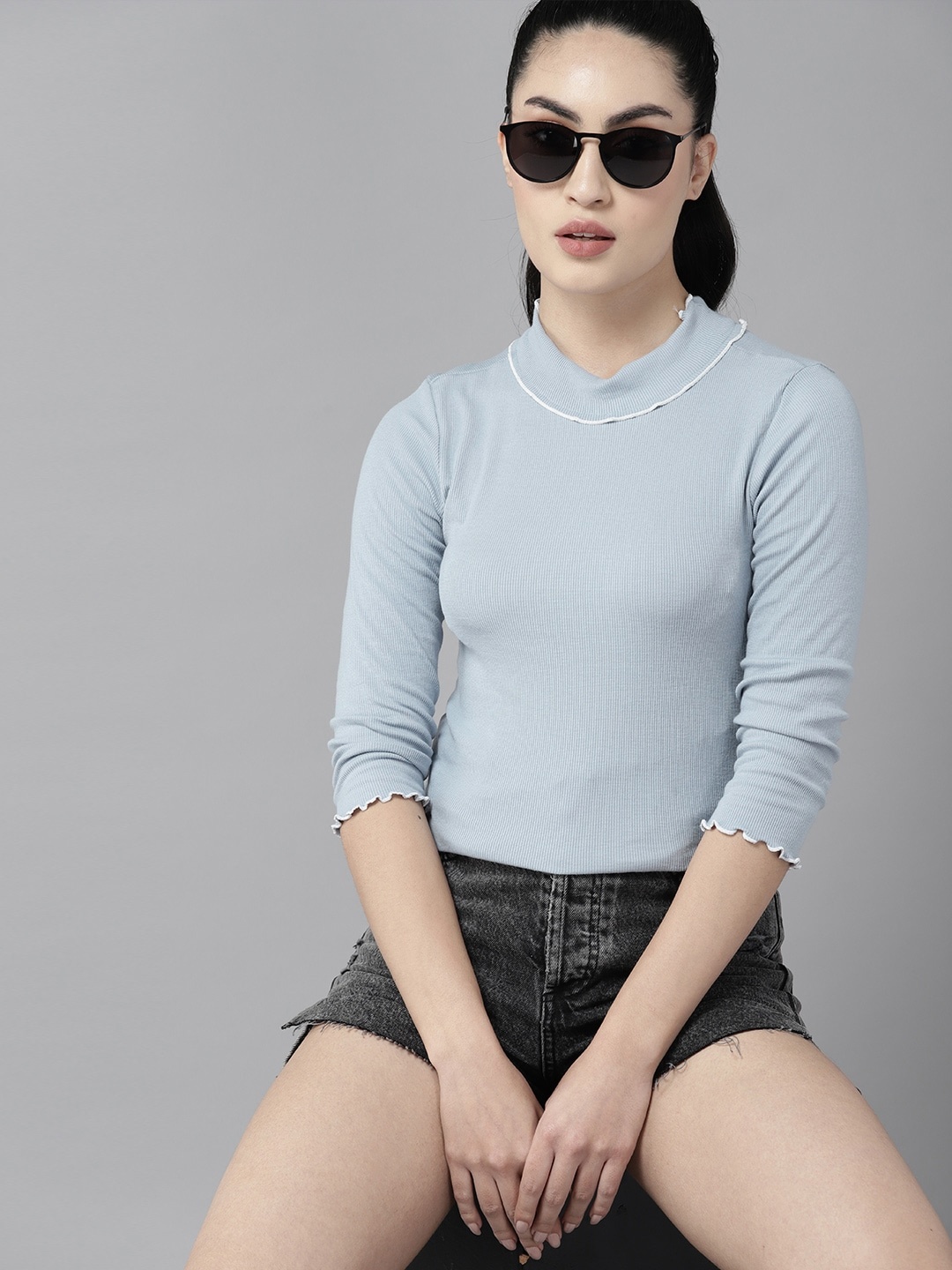 

The Roadster Lifestyle Co. Round Neck Lettuce Edge Top, Blue
