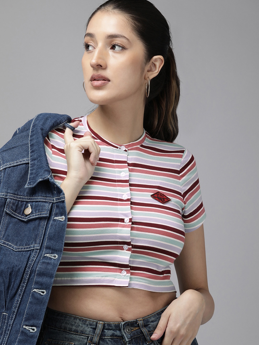 

The Roadster Life Co. Striped Full Button Placket Crop T-shirt, Multi