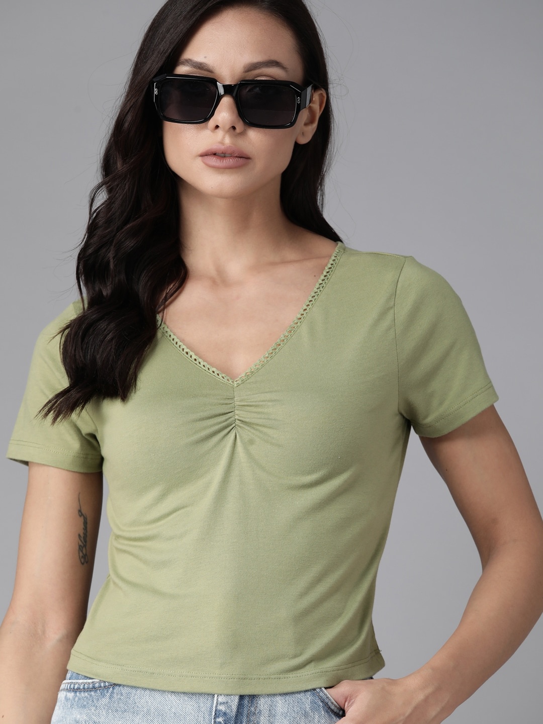 

The Roadster Lifestyle Co. Lace Detail V-Neck Crop Top, Olive