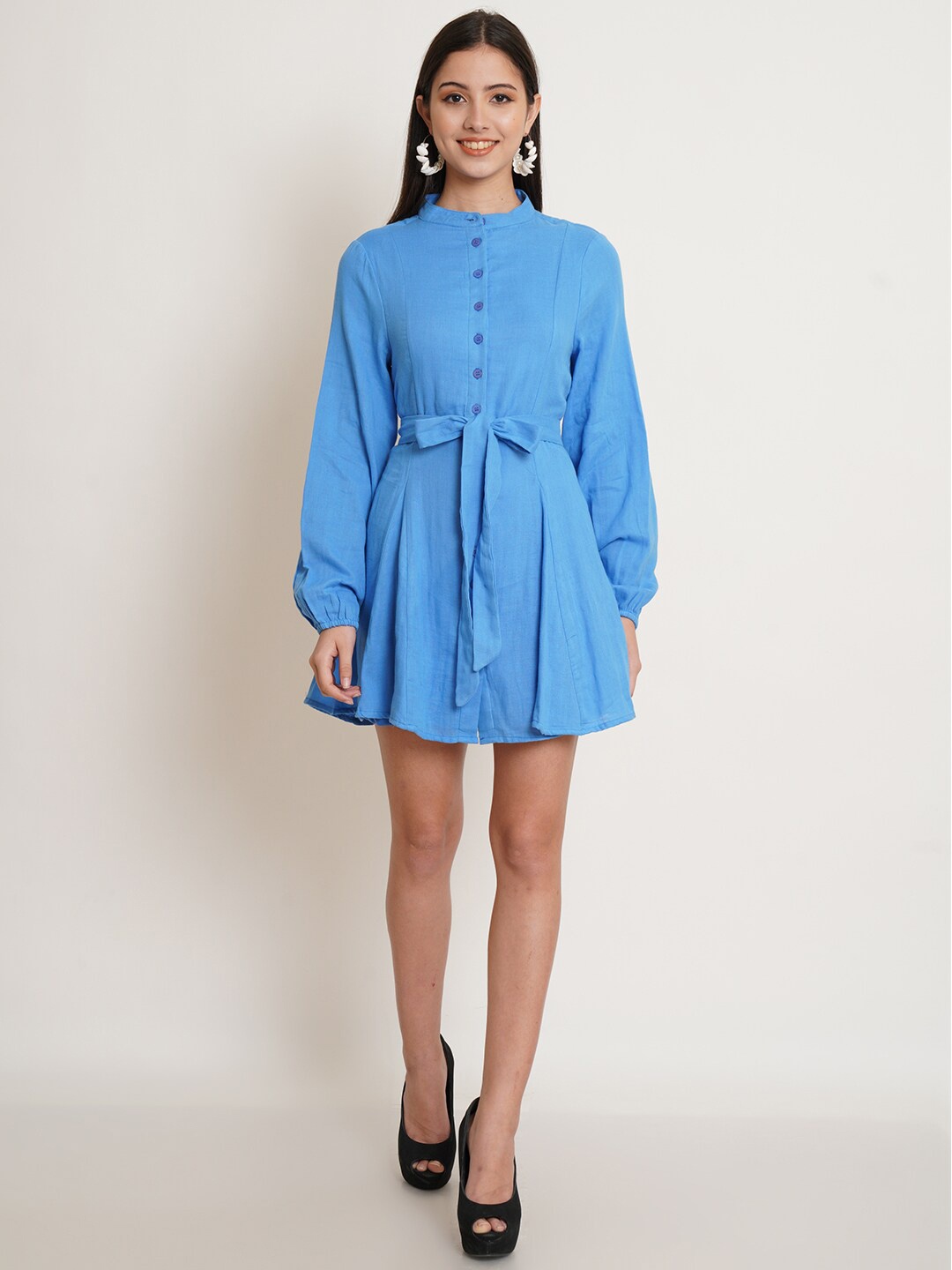 

IX IMPRESSION Women Blue Solid Mandarin Collar Long Sleeves Cotton Mini Dress