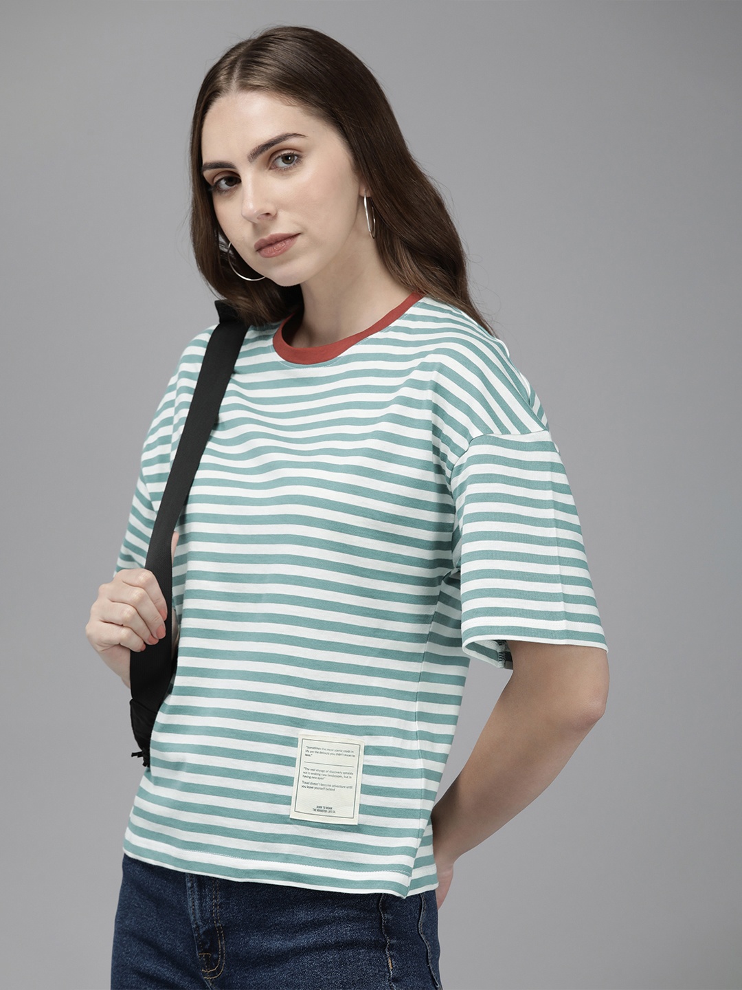 

The Roadster Life Co. Striped Drop-Shoulder Sleeves Pure Cotton Applique Relaxed T-shirt, Green