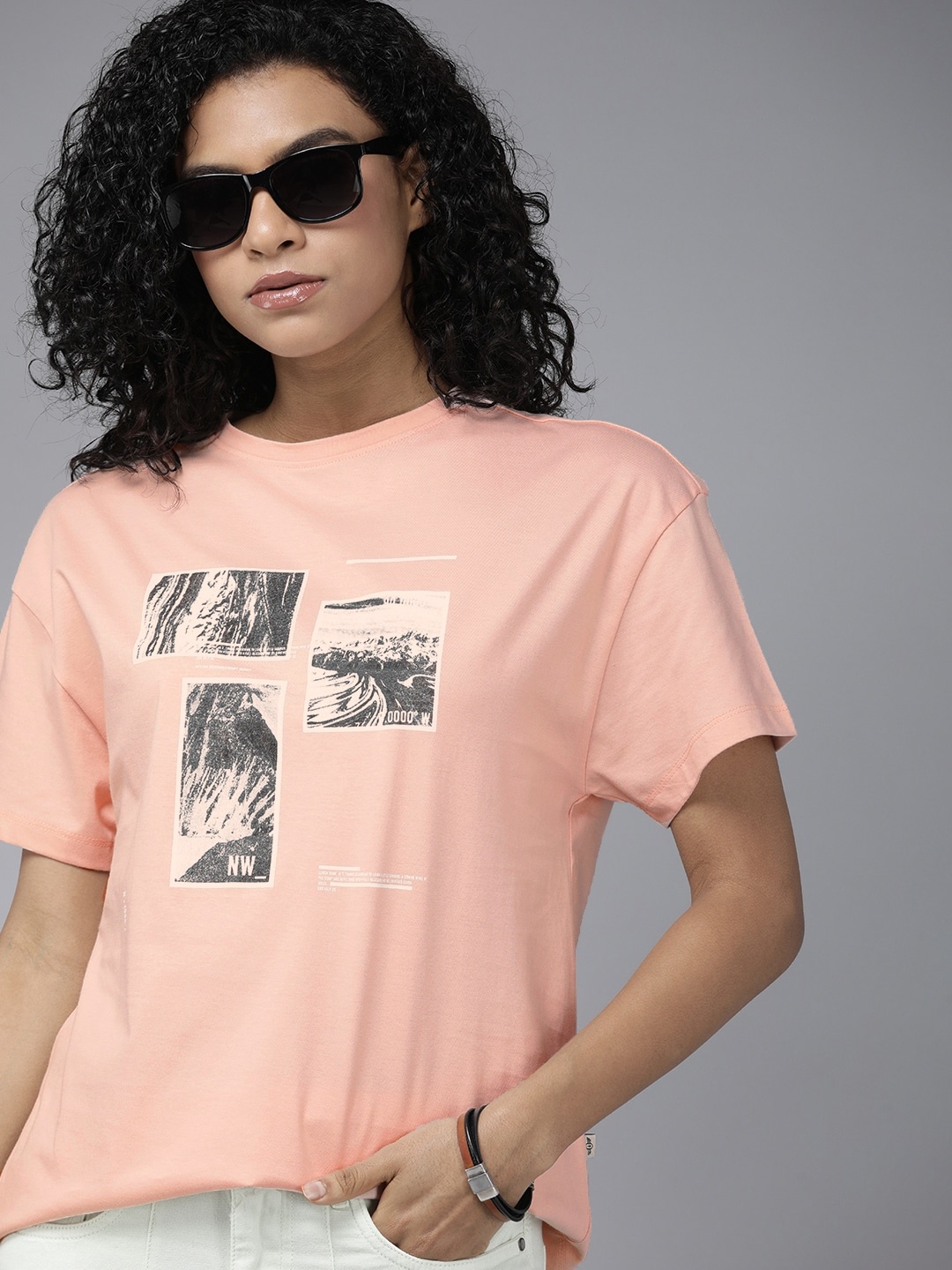

The Roadster Lifestyle Co. Women Printed Pure Cotton T-shirt, Rose